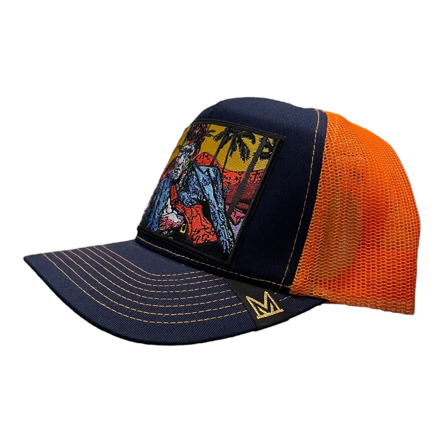 Scarface trucker hat in navy and orange