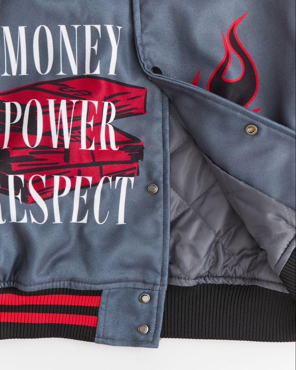 Gray jacket with 'Money Power Respect' text and red design on a white background