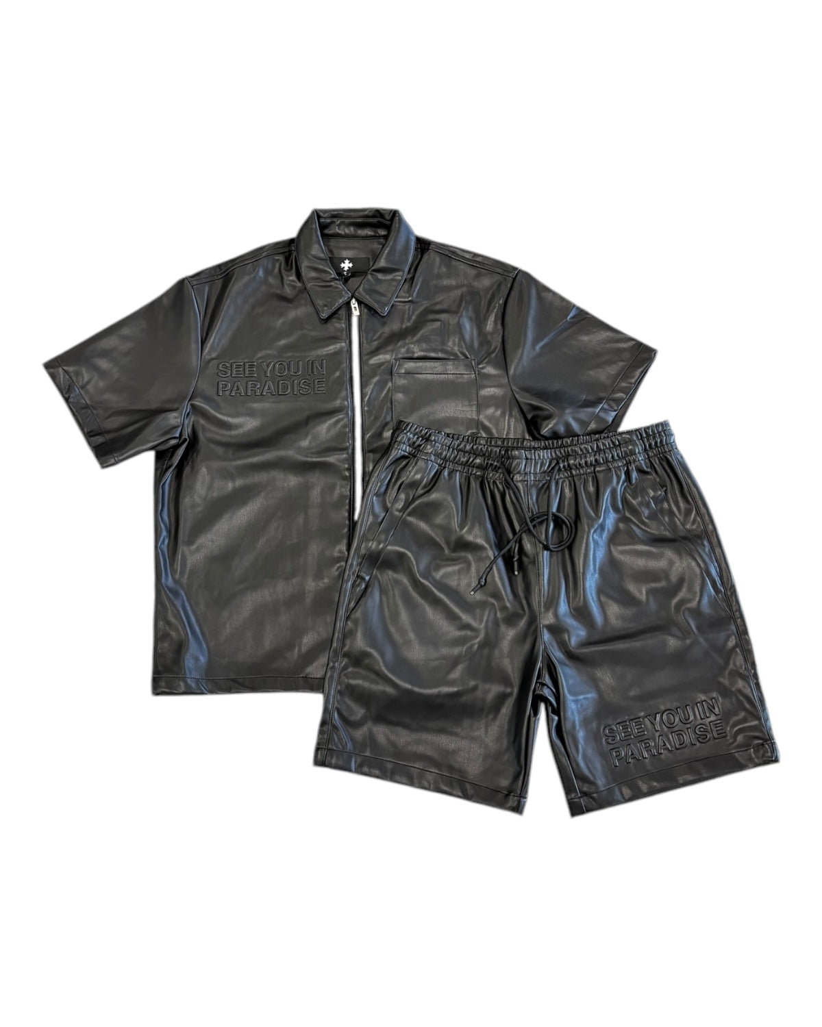 Jordan Craig see you in paradise PU leather short set in black for men
