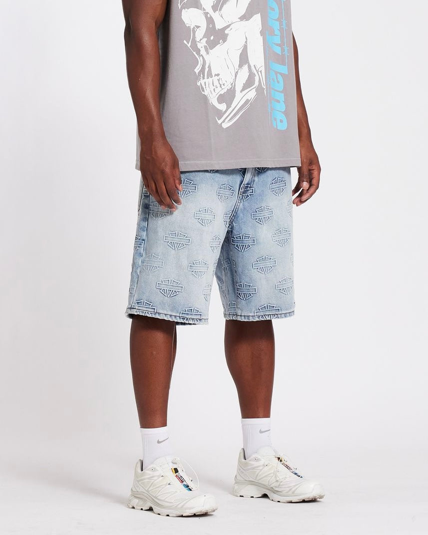 Memory lane M Shield Debossed Pattern Shorts in light blue 