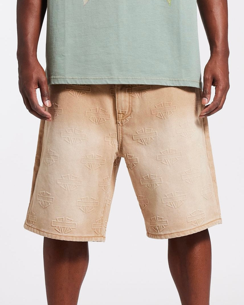 Memory lane M Shield Debossed Pattern Shorts in Khaki 