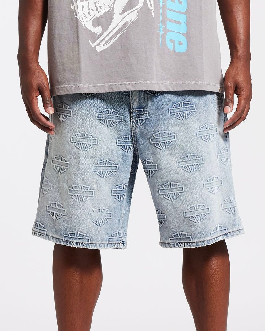 Memory lane M Shield Debossed Pattern Shorts in light blue 