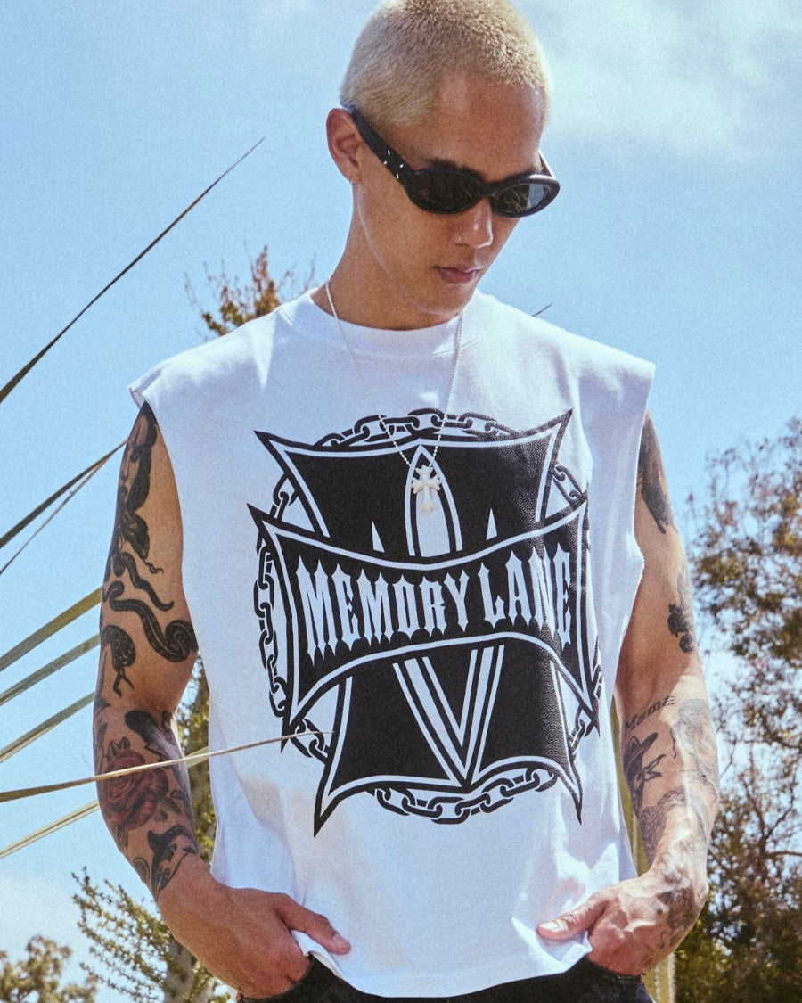 Memory lane m shield sleeveless tee in white 