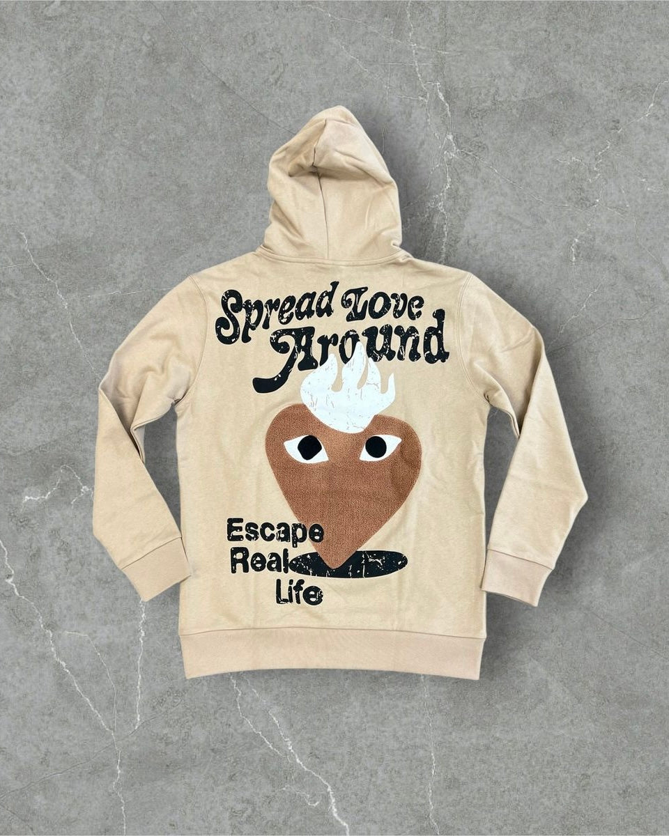 spread love hoodie by reelistik in tan