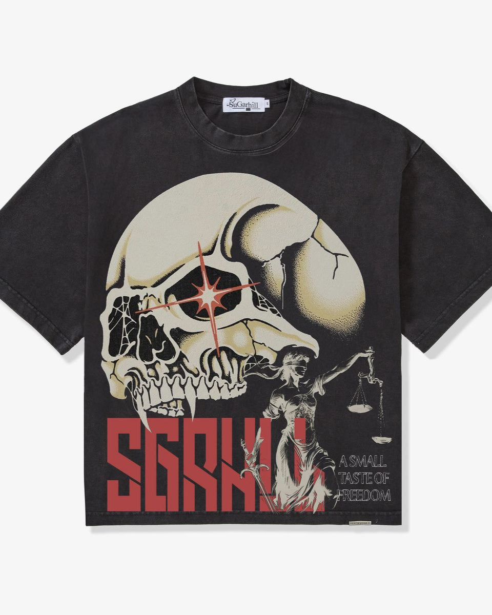 Black t-shirt with a graphic design of a skull and text on a white background