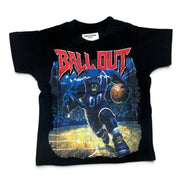 A black short-sleeve graphic t-shirt featuring a basketball player in blue and a red 'BALL OUT' text print on the front, displayed flat against a white background.
