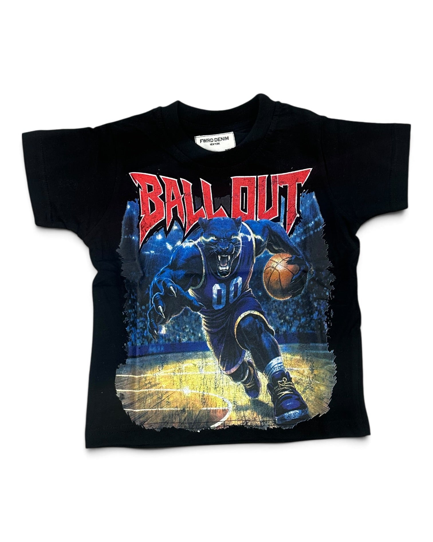 A black short-sleeve graphic t-shirt featuring a basketball player in blue and a red 'BALL OUT' text print on the front, displayed flat against a white background.