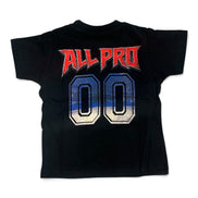 A black short-sleeve t-shirt with a graphic print on the back featuring the red text 'ALL PRO' above two large numbers '00' in a blue, white, and silver gradient.