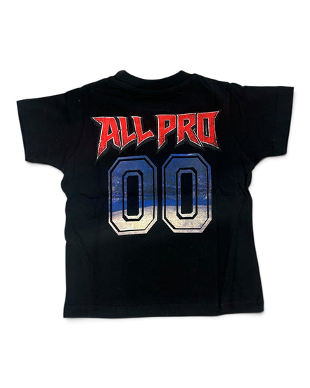 A black short-sleeve t-shirt with a graphic print on the back featuring the red text 'ALL PRO' above two large numbers '00' in a blue, white, and silver gradient.