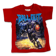 A red short-sleeve crewneck t-shirt featuring a large graphic print of a basketball player in a purple uniform dribbling a basketball on a court, with the word 'BALL OUT' in blue stylized lettering above.