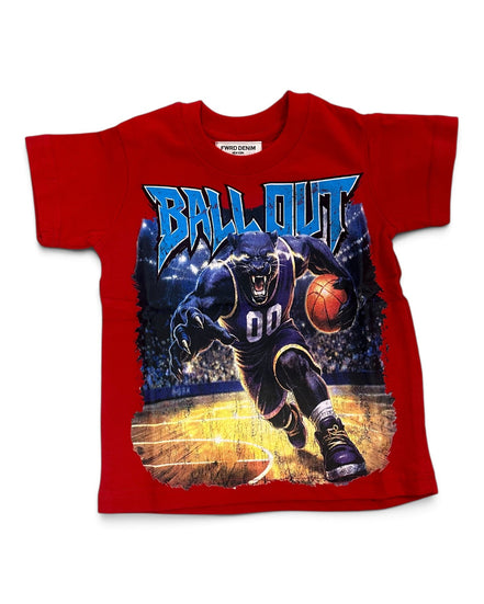 A red short-sleeve crewneck t-shirt featuring a large graphic print of a basketball player in a purple uniform dribbling a basketball on a court, with the word 'BALL OUT' in blue stylized lettering above.