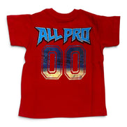 A red short-sleeve t-shirt with a graphic on the front reading 'ALL PRO 00' in blue and gold distressed lettering, shown against a plain white background.