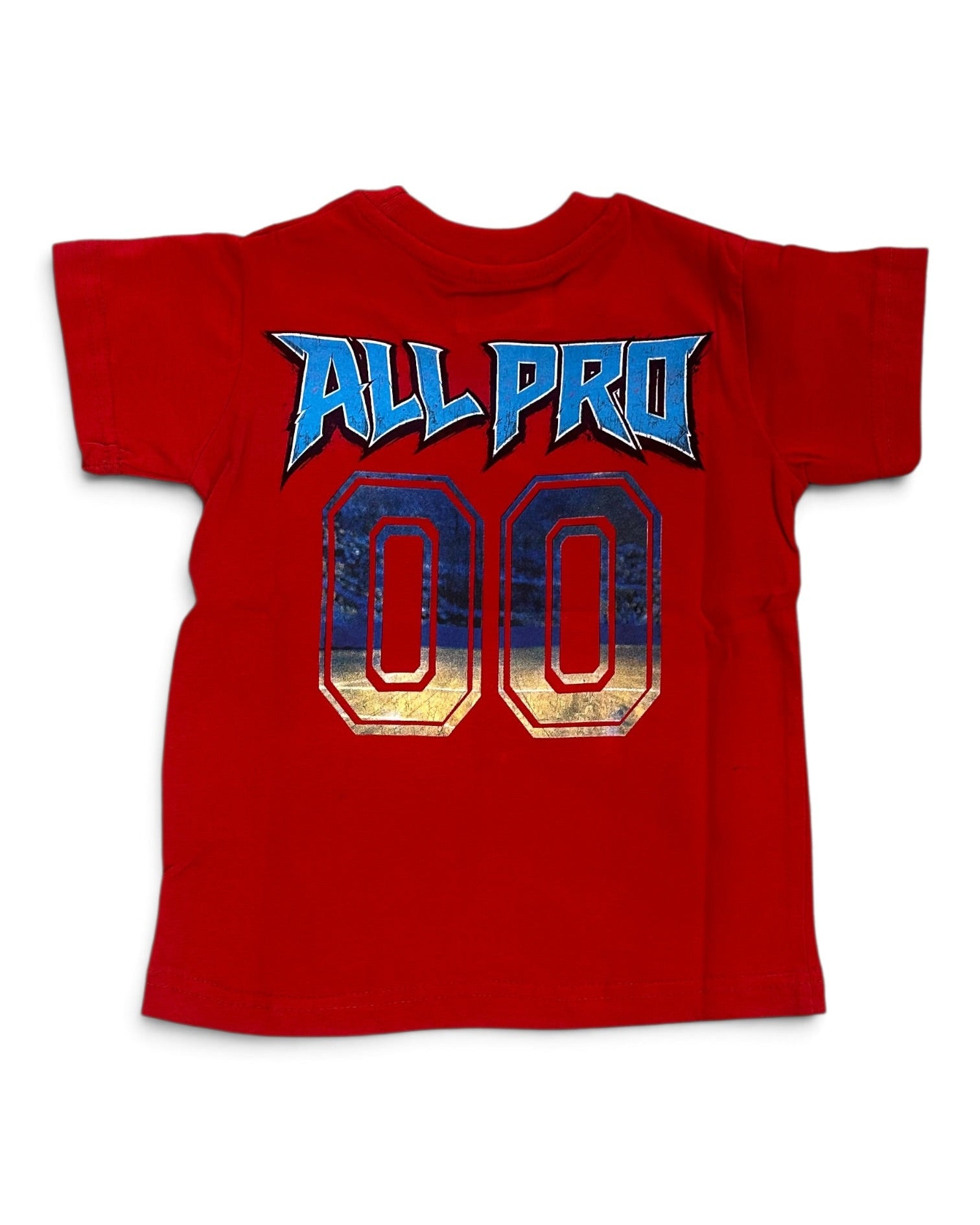 A red short-sleeve t-shirt with a graphic on the front reading 'ALL PRO 00' in blue and gold distressed lettering, shown against a plain white background.