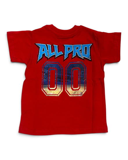 A red short-sleeve t-shirt with a graphic on the front reading 'ALL PRO 00' in blue and gold distressed lettering, shown against a plain white background.