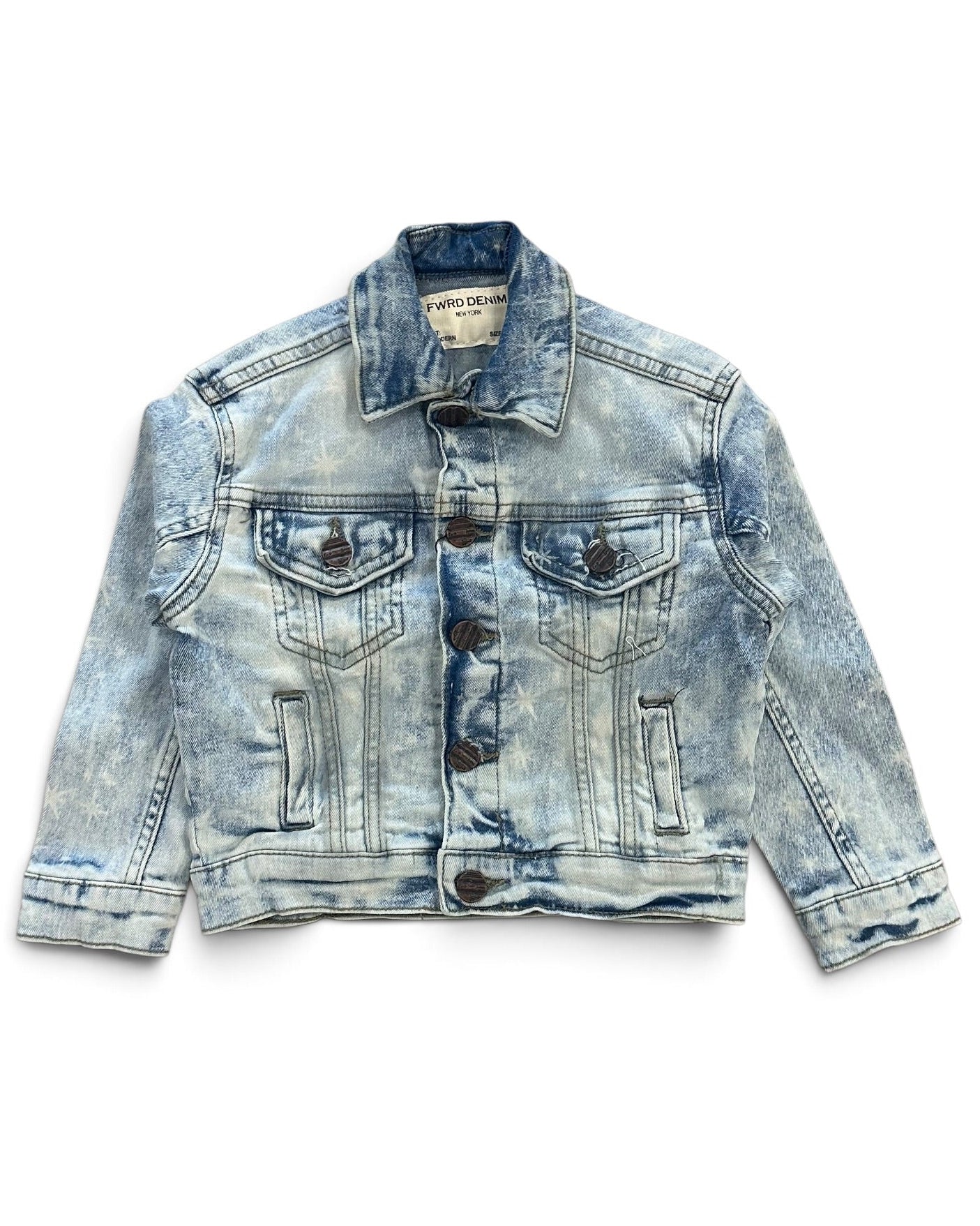 A cropped, light-wash blue denim jacket with a mineral wash finish, featuring dark buttons and classic front pockets, laid flat against a white background.