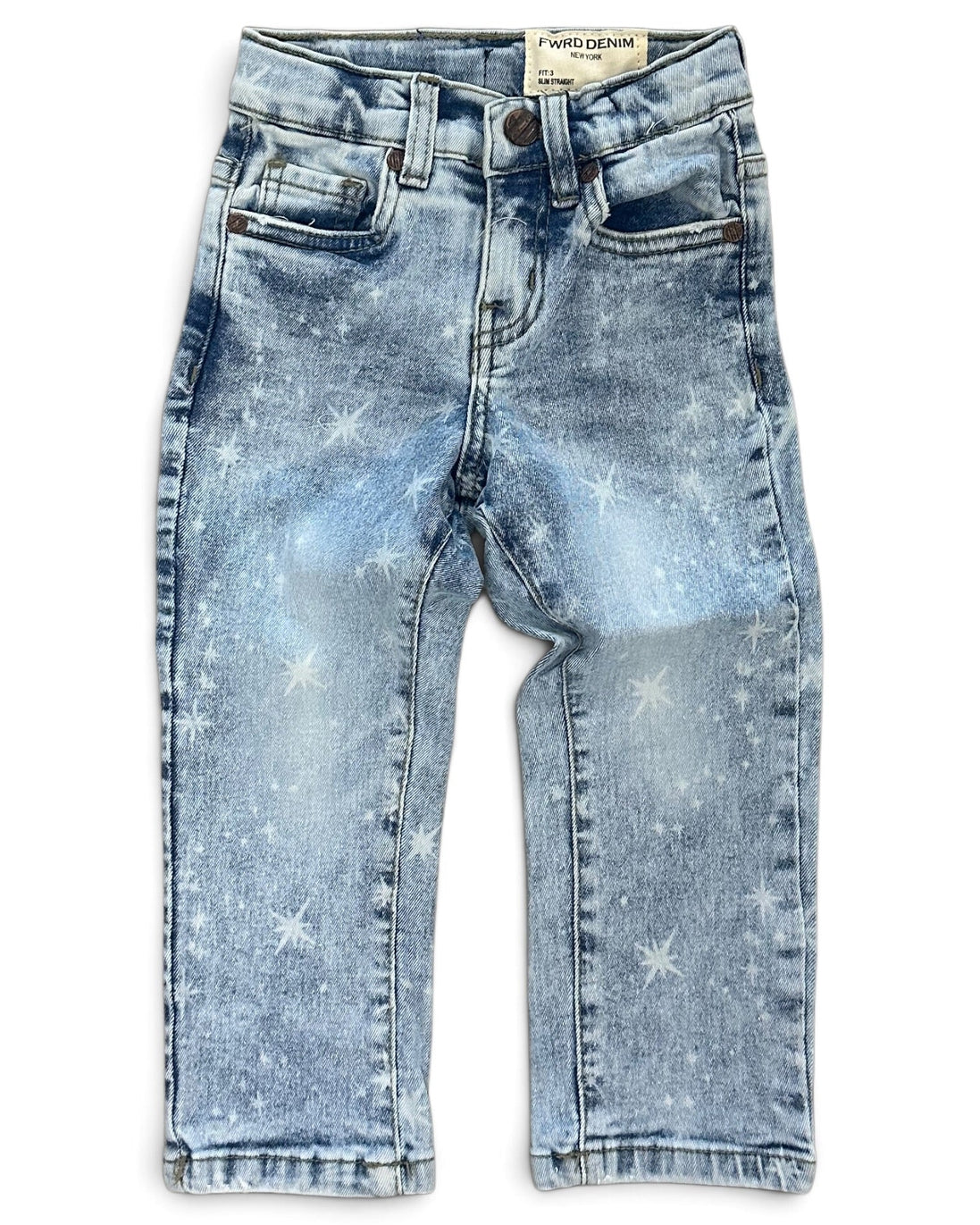 Light blue denim pants for kids, featuring a faded wash and a subtle white star pattern, shown flat on a white background.
