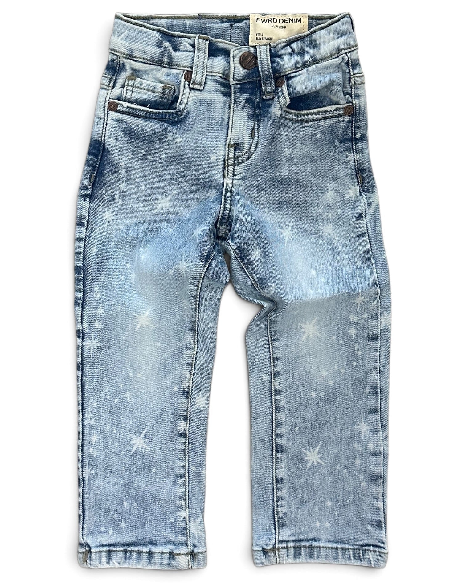 Light blue denim pants for kids, featuring a faded wash and a subtle white star pattern, shown flat on a white background.