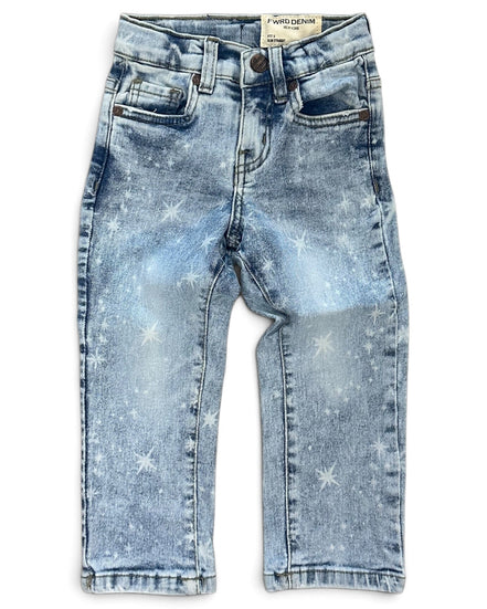 Light blue denim pants for kids, featuring a faded wash and a subtle white star pattern, shown flat on a white background.