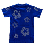 Blue t-shirt with decorative patterns on a white background