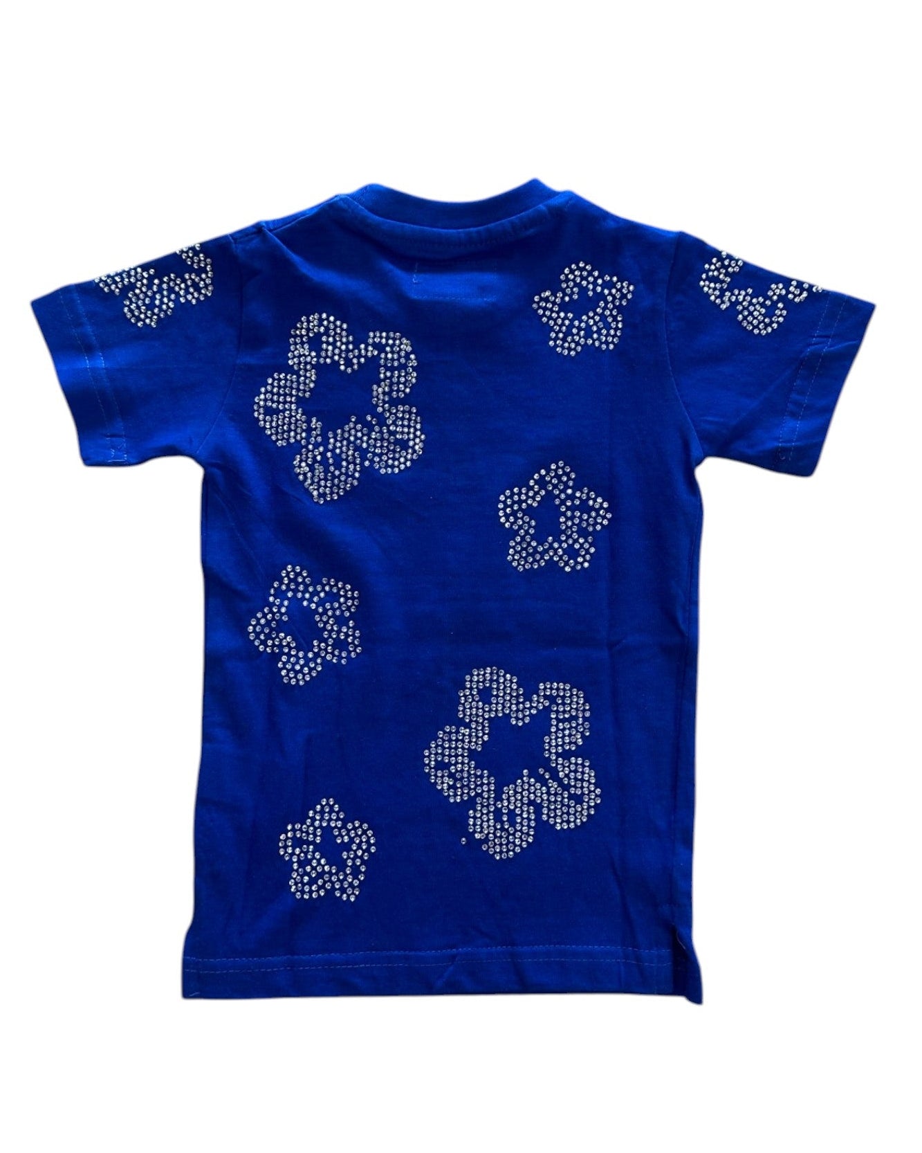 Blue t-shirt with decorative patterns on a white background