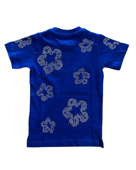Blue t-shirt with decorative patterns on a white background