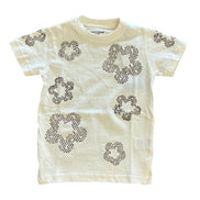 Beige t-shirt with brown floral patterns on a white background