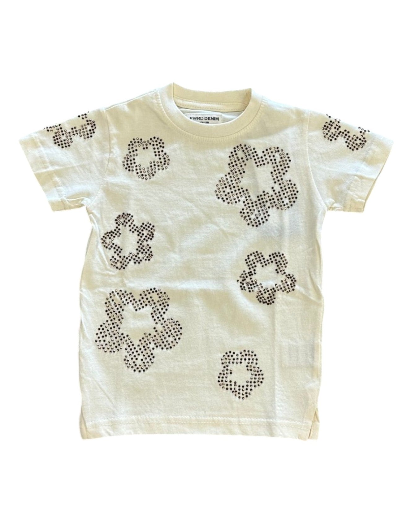 Beige t-shirt with brown floral patterns on a white background