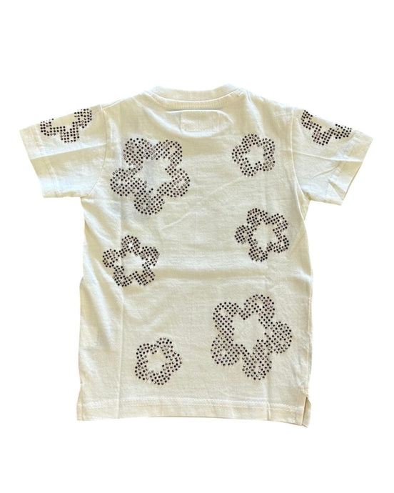 Beige t-shirt with brown floral patterns on a white background