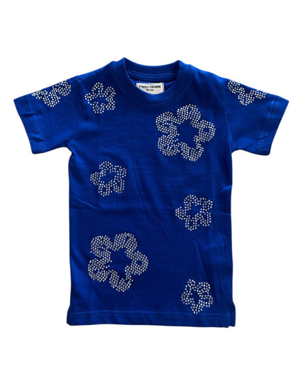 Blue t-shirt with silver floral patterns on a white background