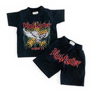 Black t-shirt and shorts set with 'High Roller' branding on a white background