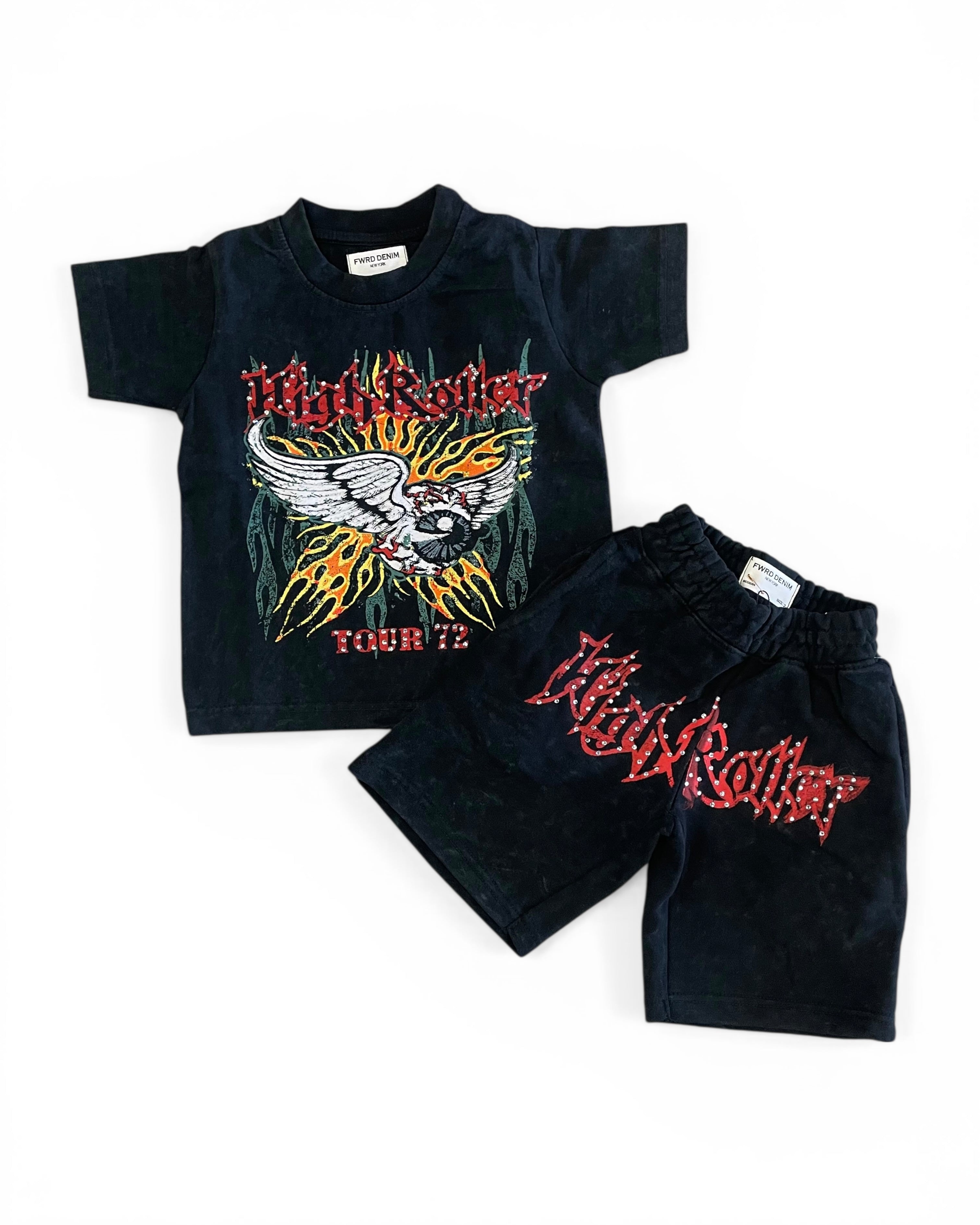 Black t-shirt and shorts set with 'High Roller' branding on a white background