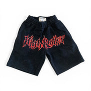 Black shorts with red text on a white background