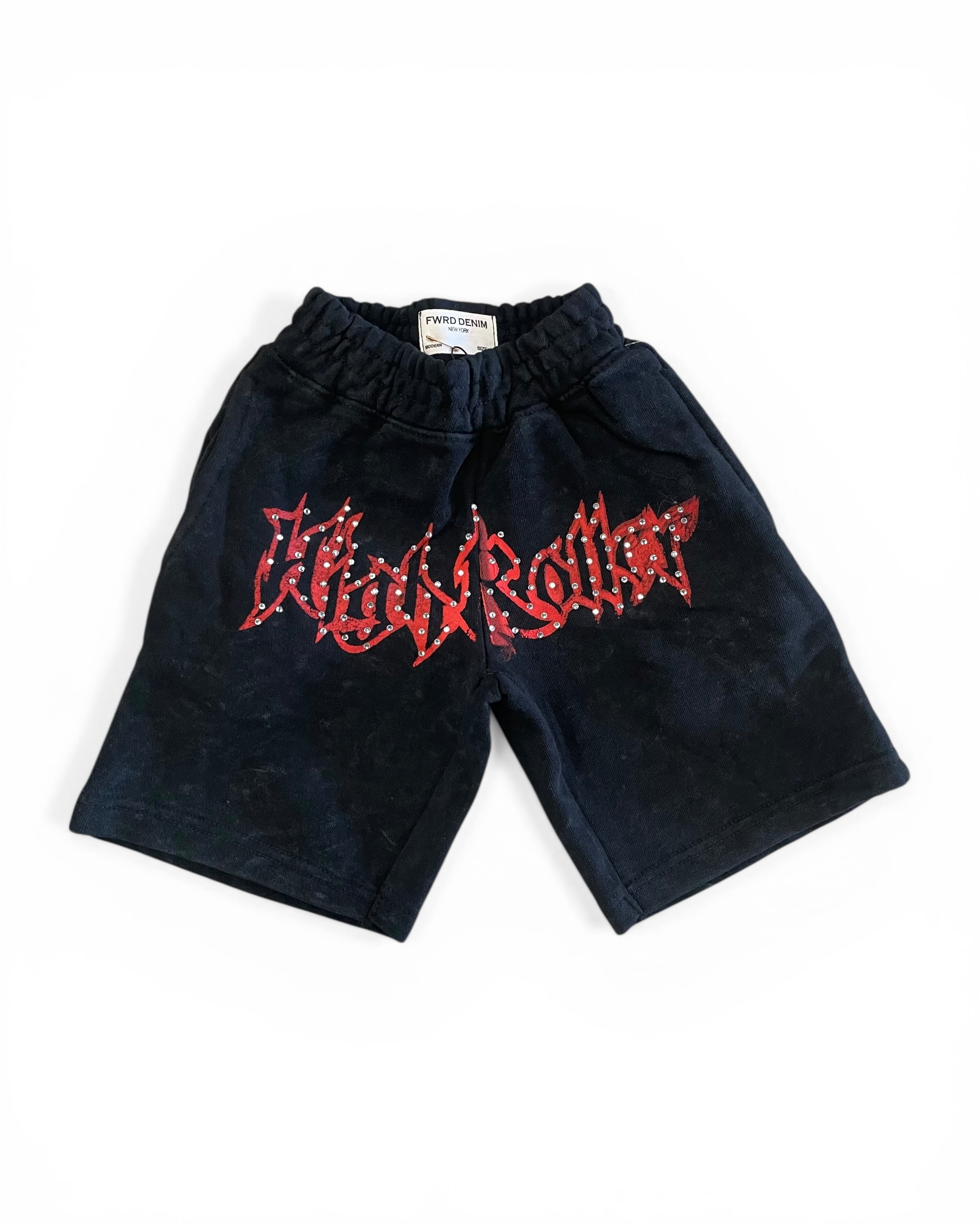 Black shorts with red text on a white background