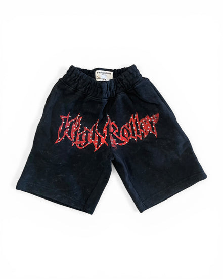 Black shorts with red text on a white background