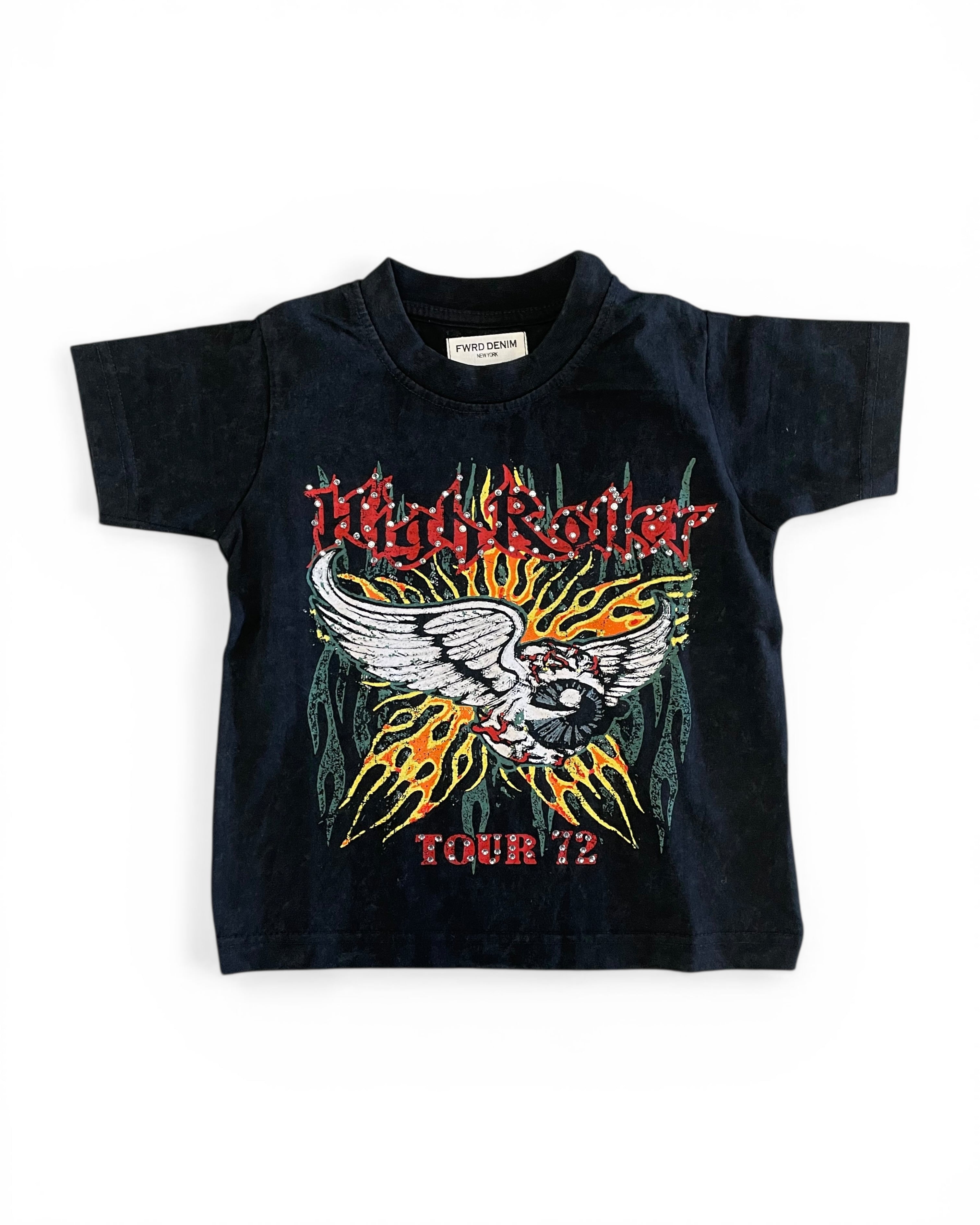 Black t-shirt with a graphic design on a white background