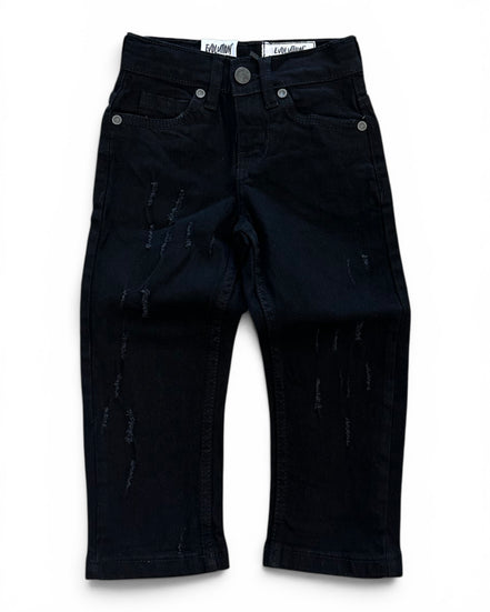 A pair of BLACK denim jeans with distressed details and vertical text patterns, shown flat against a white background.