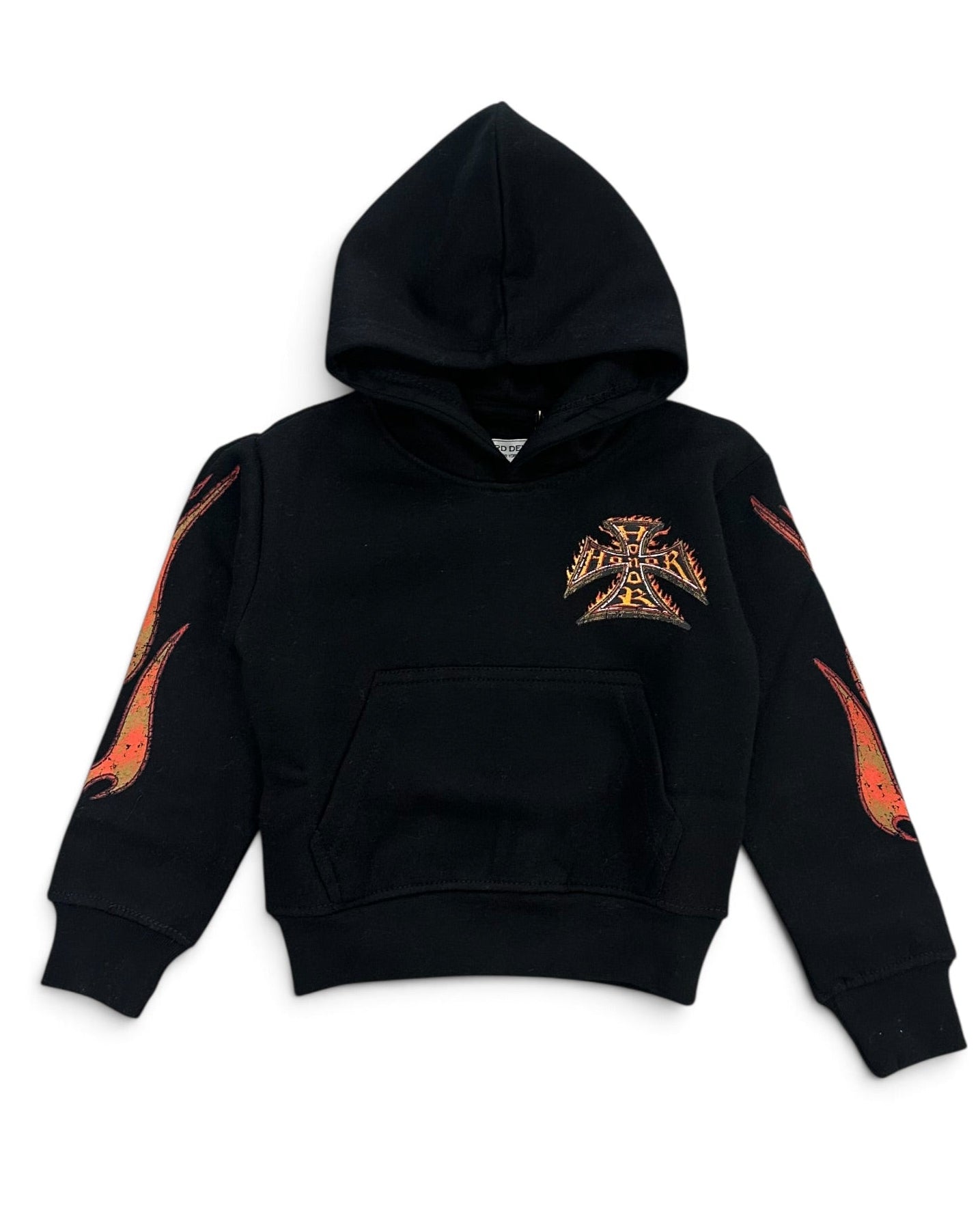 A black cropped pullover hoodie featuring a stylized metallic gold and orange Iron Cross emblem on the left chest, with matching flame-like graphic prints on both sleeves.