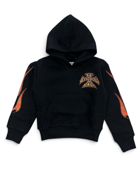 A black cropped pullover hoodie featuring a stylized metallic gold and orange Iron Cross emblem on the left chest, with matching flame-like graphic prints on both sleeves.