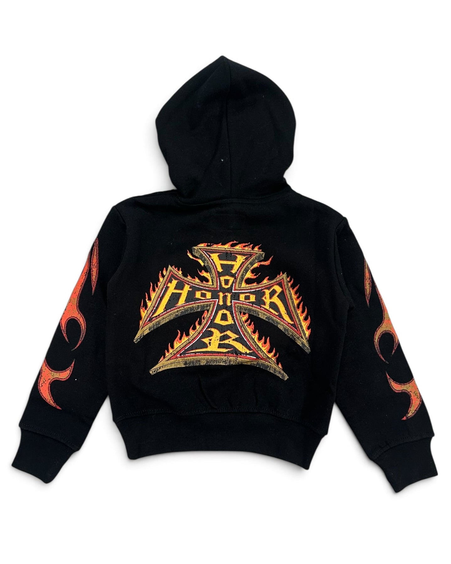 A black hooded sweatshirt shown from the back, featuring a large metallic gold and orange flame-cross graphic with the word 'HONOR' across the center, and matching flame motifs printed down both sleeves.