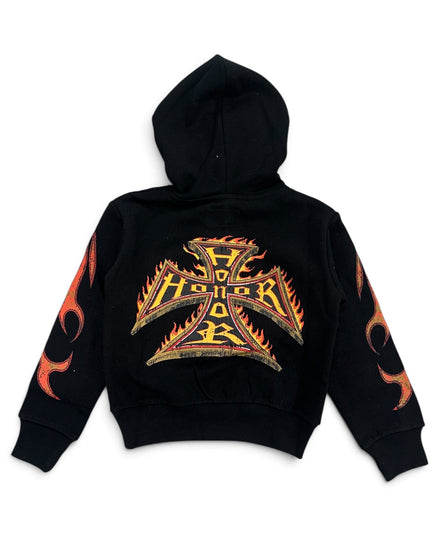 A black hooded sweatshirt shown from the back, featuring a large metallic gold and orange flame-cross graphic with the word 'HONOR' across the center, and matching flame motifs printed down both sleeves.