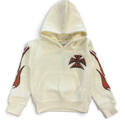 An off-white hooded sweatshirt with red and black flame graphics on the sleeves and a matching red and black crossbones patch on the chest, displayed against a plain white background.