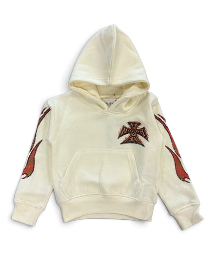 An off-white hooded sweatshirt with red and black flame graphics on the sleeves and a matching red and black crossbones patch on the chest, displayed against a plain white background.