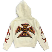 An off-white hooded sweatshirt shown from the back, featuring a large black and orange flame-cross graphic with the word 'Honor' in the center and matching flame motifs on both sleeves.