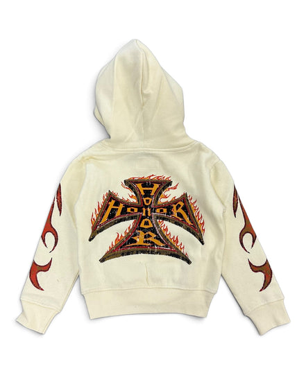 An off-white hooded sweatshirt shown from the back, featuring a large black and orange flame-cross graphic with the word 'Honor' in the center and matching flame motifs on both sleeves.