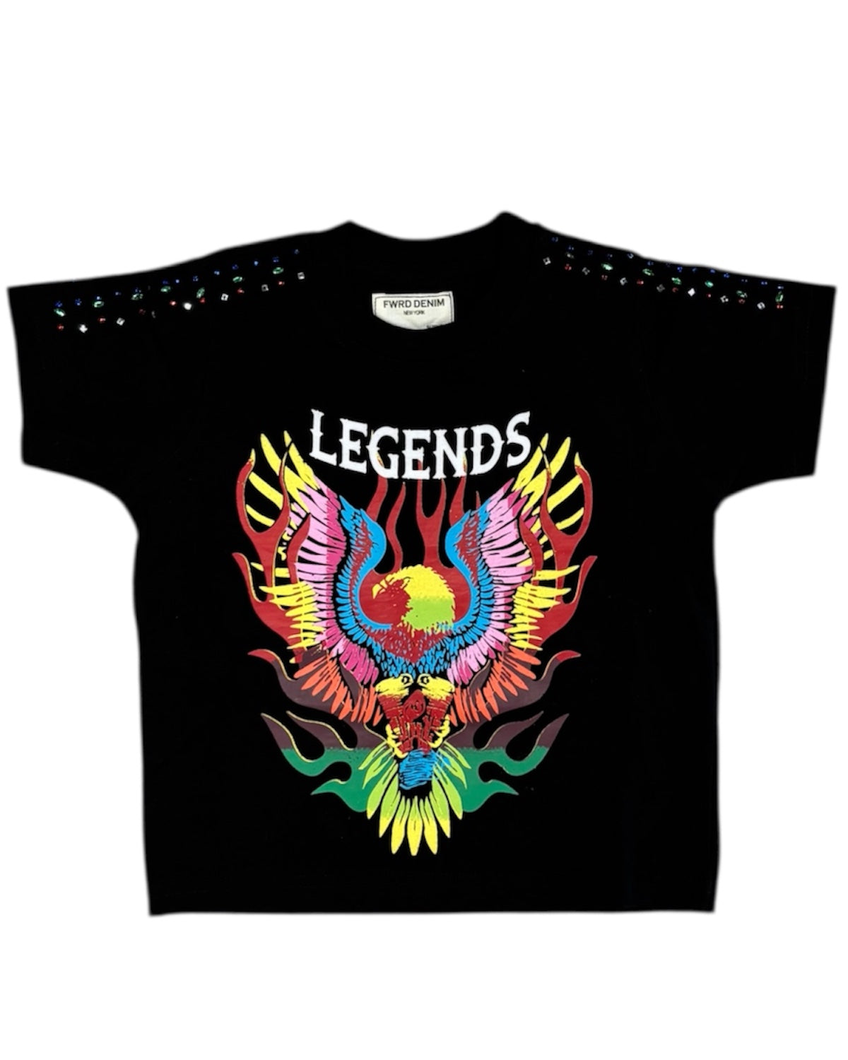 Black t-shirt with colorful eagle design and 'LEGENDS' text on a white background