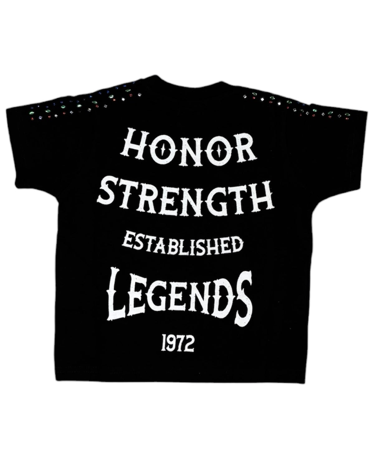 Black t-shirt with white text 'Honor Strength Established Legends 1972' on a white background