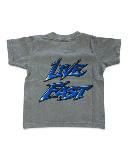 A gray acid-wash short-sleeve t-shirt with a large blue and black 'Live Fast' graphic printed on the back, shown against a plain white background.