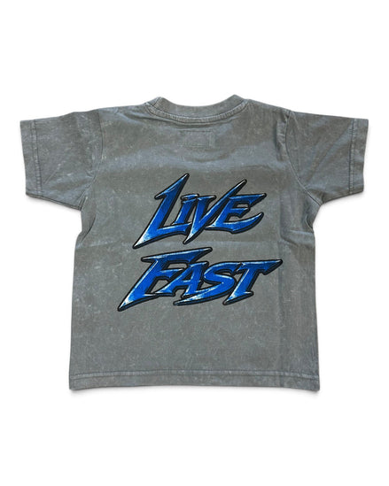 A gray acid-wash short-sleeve t-shirt with a large blue and black 'Live Fast' graphic printed on the back, shown against a plain white background.