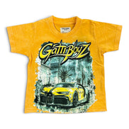 A yellow short-sleeve graphic t-shirt for kids, featuring a large 'GattiBoyz' logo in yellow and black above a printed graphic of a yellow sports car.