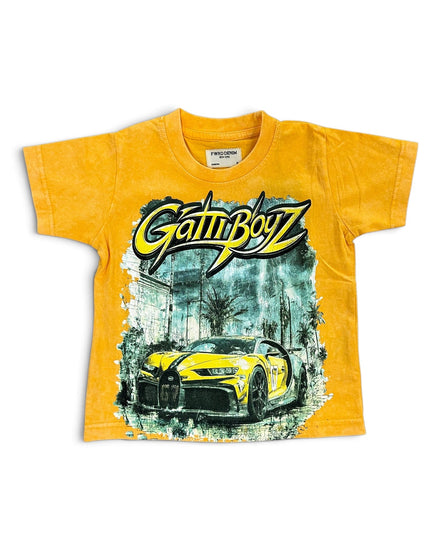 A yellow short-sleeve graphic t-shirt for kids, featuring a large 'GattiBoyz' logo in yellow and black above a printed graphic of a yellow sports car.